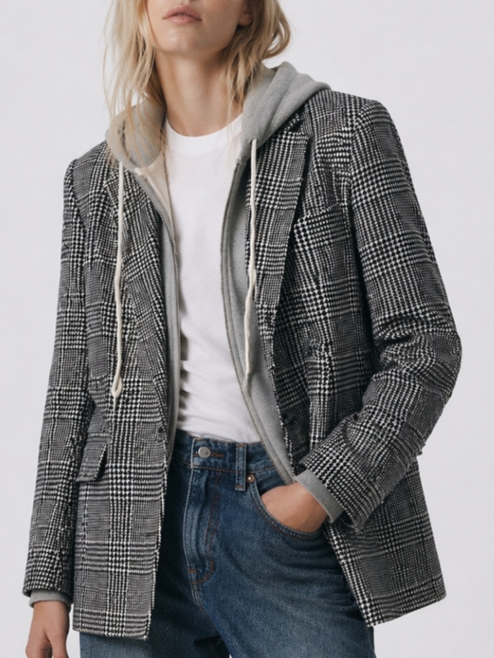 Aqua by Bloomingdale’s Plaid Blazer with Removable Gray Dickey in Black